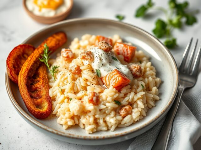 Risotto met zalm, whisky en ricotta — AI-gegenereerde illustratie