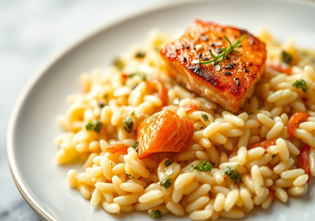 Risotto met zalm, whisky en ricotta — AI-gegenereerde illustratie