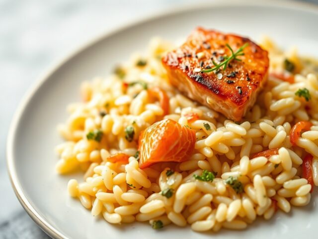 Risotto met zalm, whisky en ricotta — AI-gegenereerde illustratie