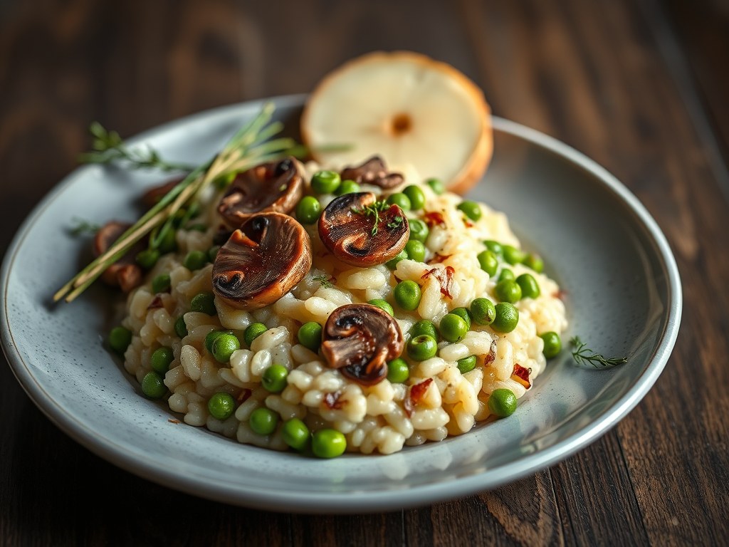 Risotto van aardappel en erwtjes met gerookte eendenfilet, AI-gegenereerde illustratie