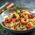 Risotto van ebly met scampi’s, chorizo en schorseneren