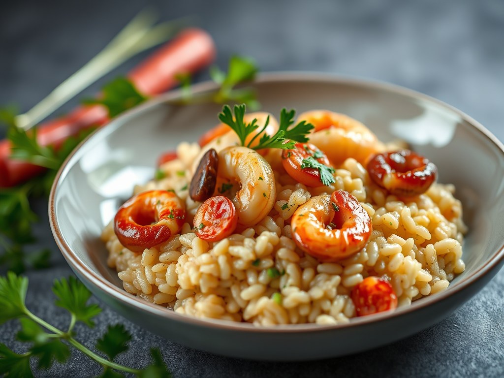 Risotto van ebly met scampi’s, chorizo en schorseneren, AI-gegenereerde illustratie