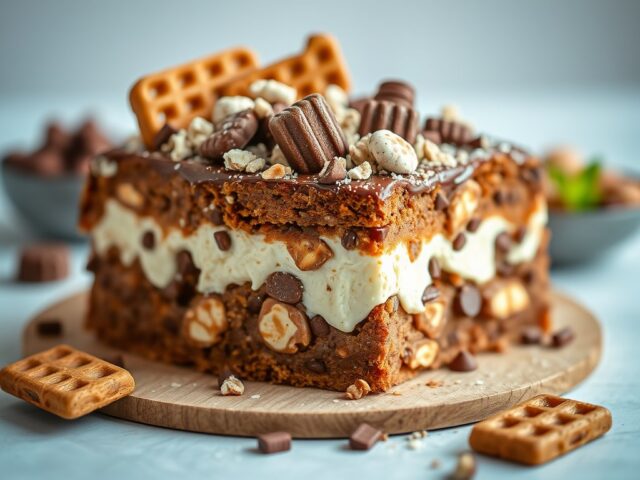 Rocky road kwarktaart met aardbei en chocolade eitjes — AI-gegenereerde illustratie