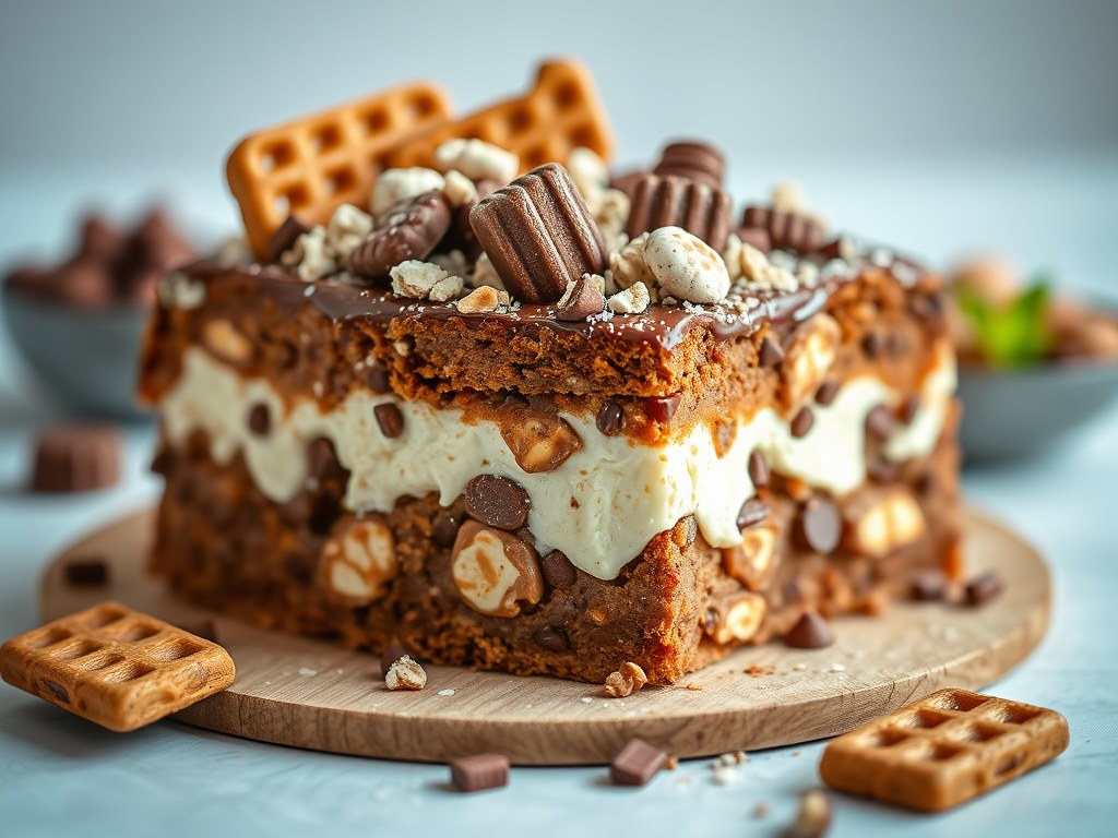 Rocky road kwarktaart met aardbei en chocolade eitjes, AI-gegenereerde illustratie