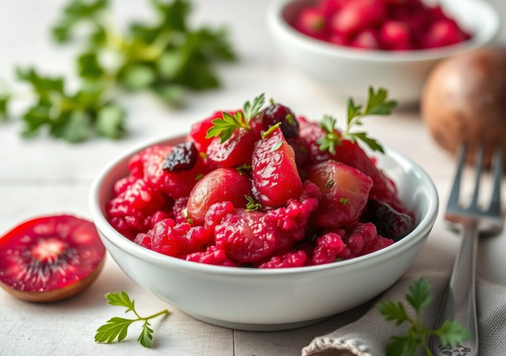 Rode aardappelpuree met bieten salade — AI-gegenereerde illustratie
