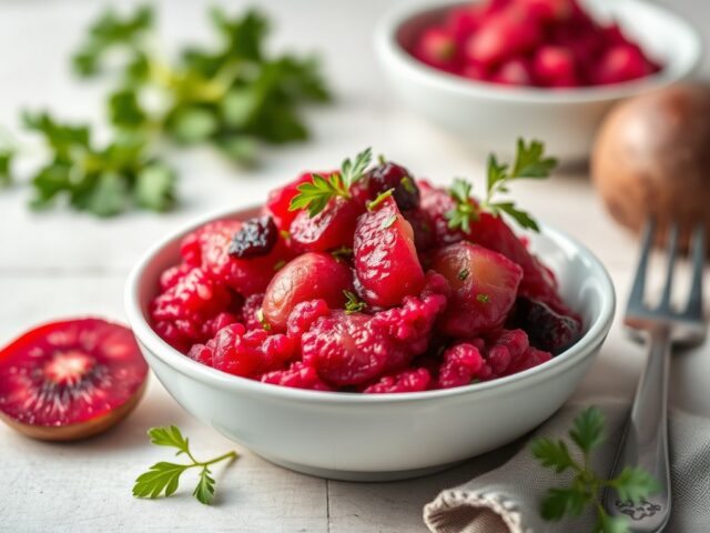 Rode aardappelpuree met bieten salade — AI-gegenereerde illustratie