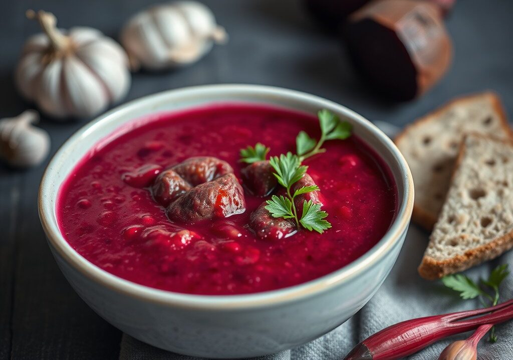 Rode Bietensoep met Kibbeh — AI-gegenereerde illustratie