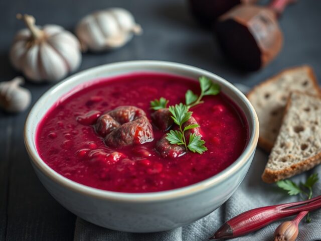 Rode Bietensoep met Kibbeh — AI-gegenereerde illustratie