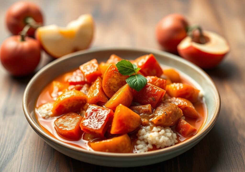 Rode curry met eend, tomaat en lychees, AI-gegenereerde illustratie