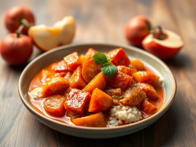 Rode curry met eend, tomaat en lychees — AI-gegenereerde illustratie