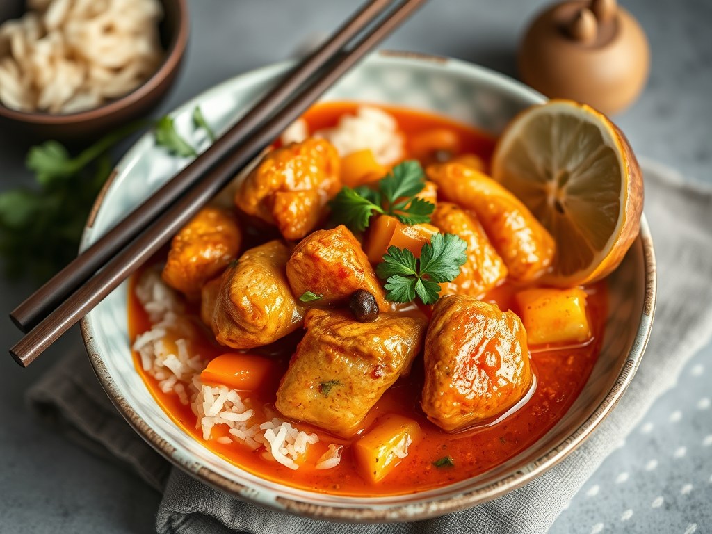 Rode curry met kip en bamboe scheuten, AI-gegenereerde illustratie