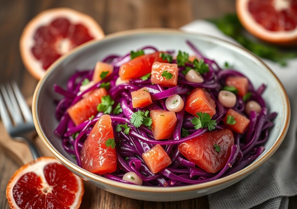 Rode Kool Salade met Garnaaltjes en Grapefruit, AI-gegenereerde illustratie