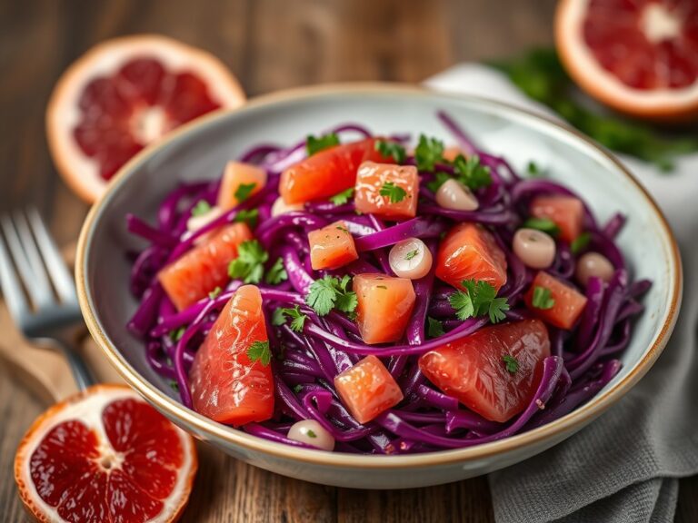 Rode Kool Salade met Garnaaltjes en Grapefruit — AI-gegenereerde illustratie