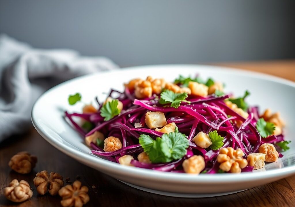 Rode koolsalade met walnoten — AI-gegenereerde illustratie