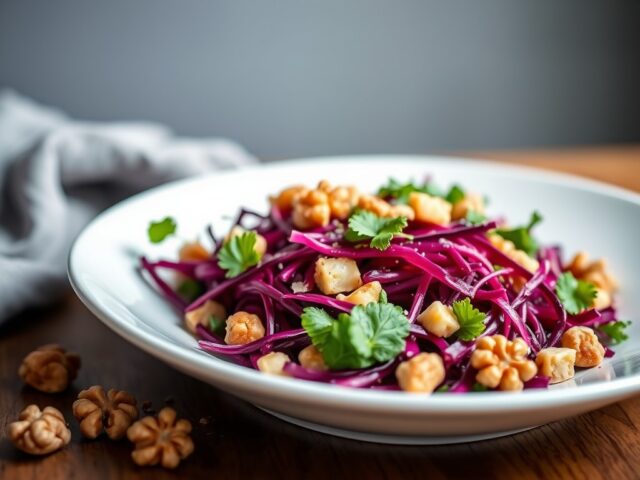 Rode koolsalade met walnoten — AI-gegenereerde illustratie