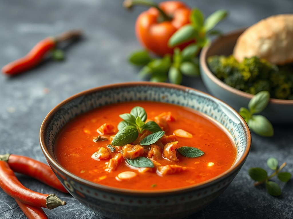 Rode paprikasoep met broccolitosti, AI-gegenereerde illustratie
