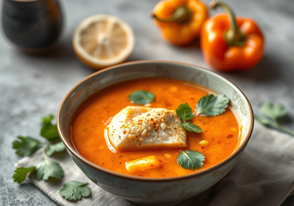Rode Thaise curry soep met inktvis — AI-gegenereerde illustratie