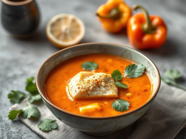 Rode Thaise curry soep met inktvis — AI-gegenereerde illustratie