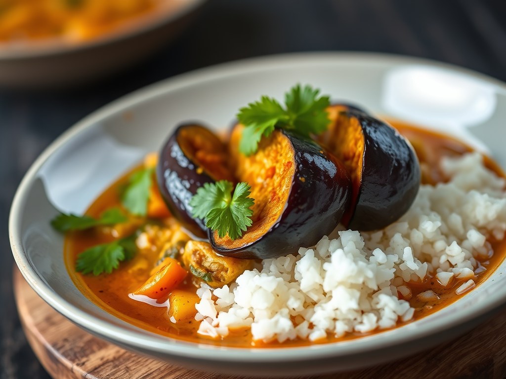 Roerbak van aubergines in Thaise penang curry, AI-gegenereerde illustratie