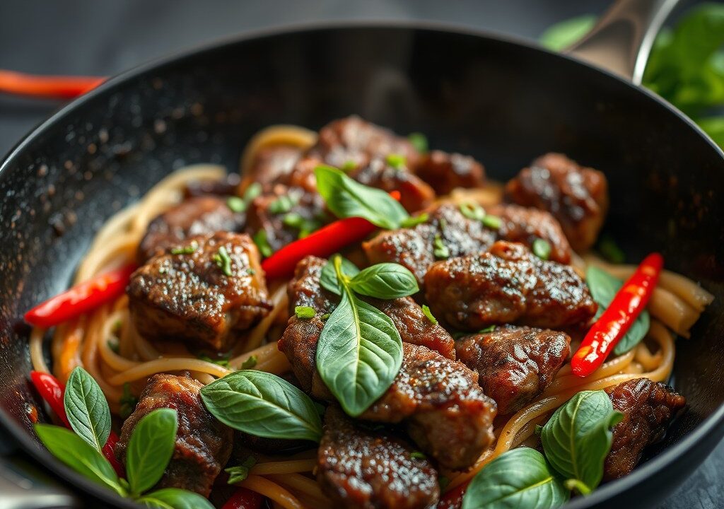 Roerbak van biefstuk met Thaise basilicum (pad kra pao nua), AI-gegenereerde illustratie