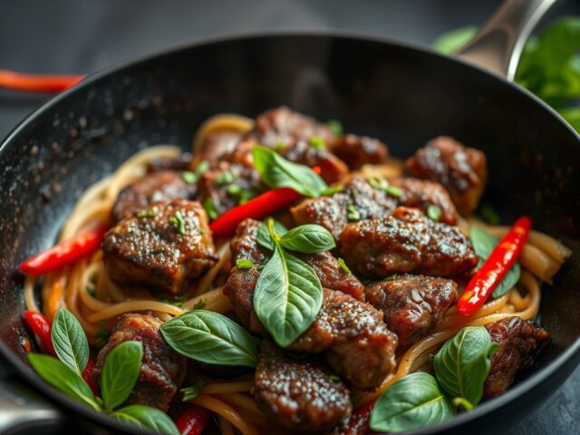 Roerbak van biefstuk met Thaise basilicum (pad kra pao nua) — AI-gegenereerde illustratie