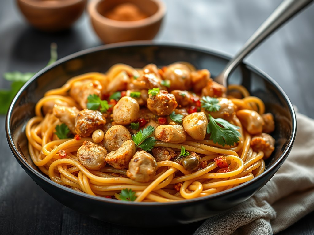Roerbak van kip en cashewnoten in Thaise chili pasta, AI-gegenereerde illustratie