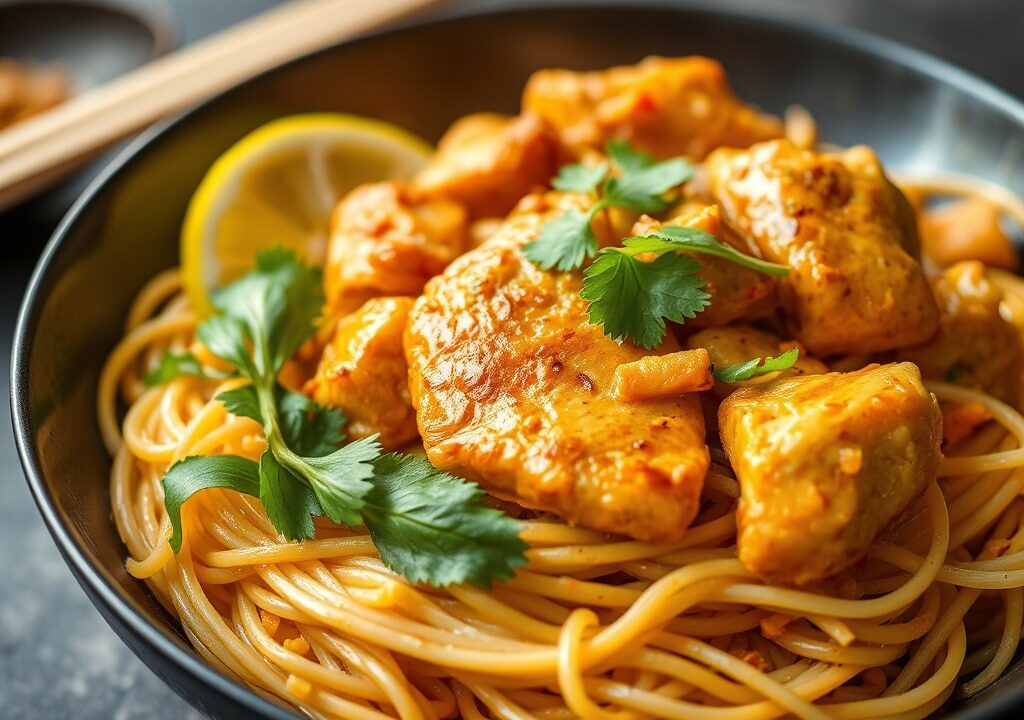 Roerbak van kipfilet in penang curry-pasta, AI-gegenereerde illustratie