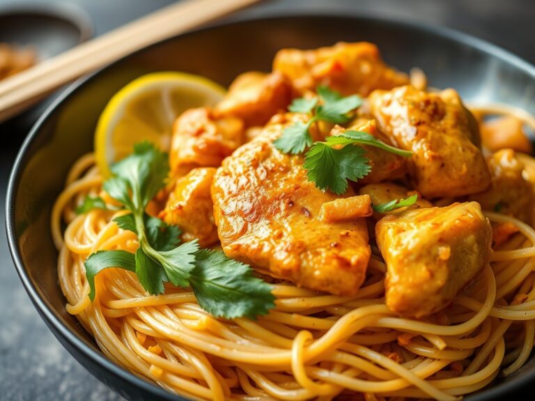 Roerbak van kipfilet in penang curry-pasta — AI-gegenereerde illustratie