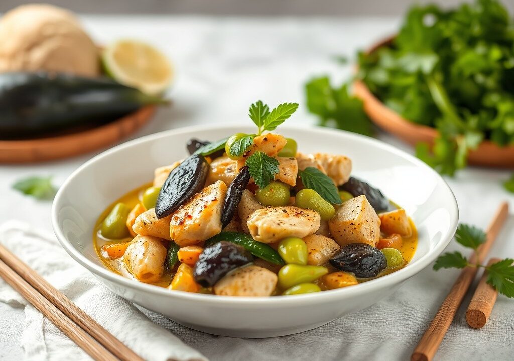 Roerbak van Thaise groene curry met kip en groenten, AI-gegenereerde illustratie