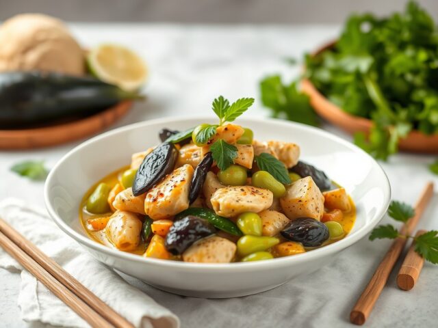 Roerbak van Thaise groene curry met kip en groenten — AI-gegenereerde illustratie