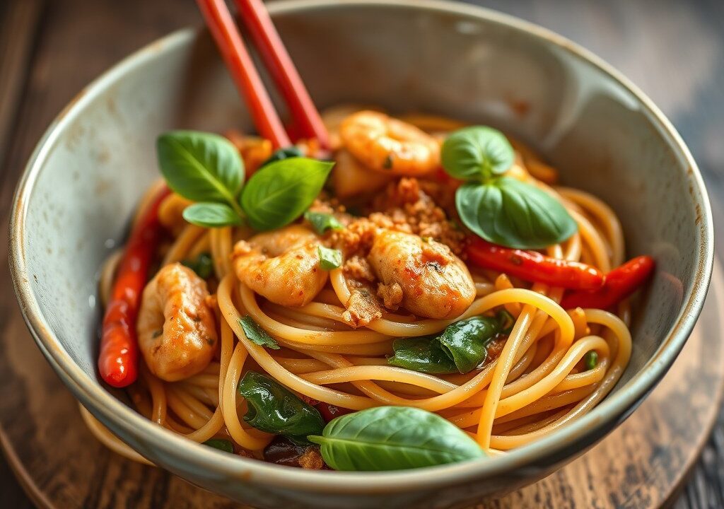 Roerbak van venus schelpen in Thaise chili pasta — AI-gegenereerde illustratie