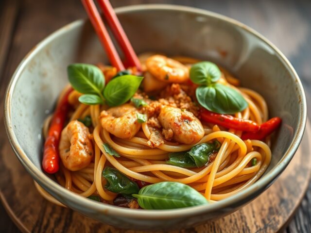 Roerbak van venus schelpen in Thaise chili pasta — AI-gegenereerde illustratie