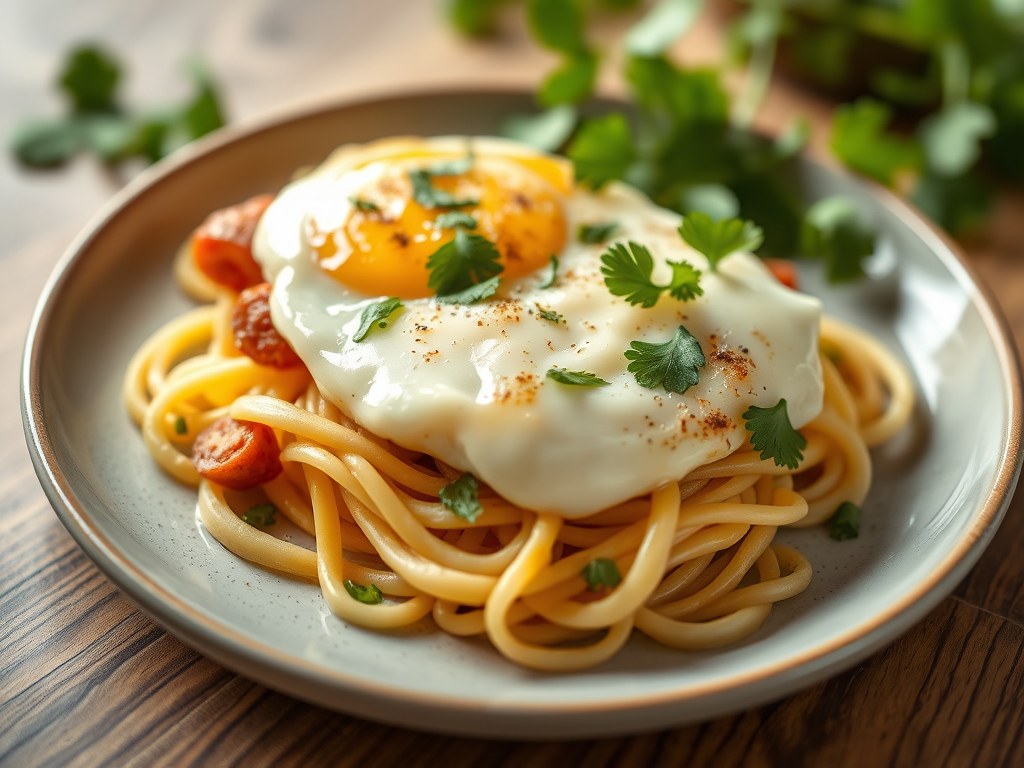 Roerei met Italiaanse Worst en Parmezaanse Kaas, AI-gegenereerde illustratie