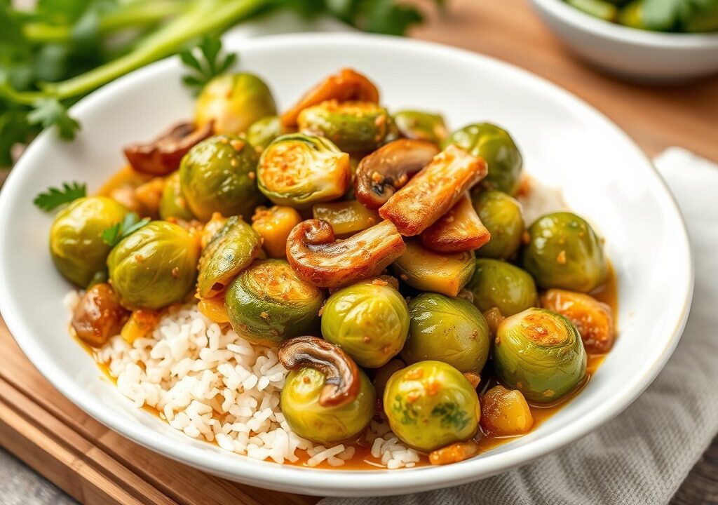 Roergebakken spruitjes in curry, AI-gegenereerde illustratie