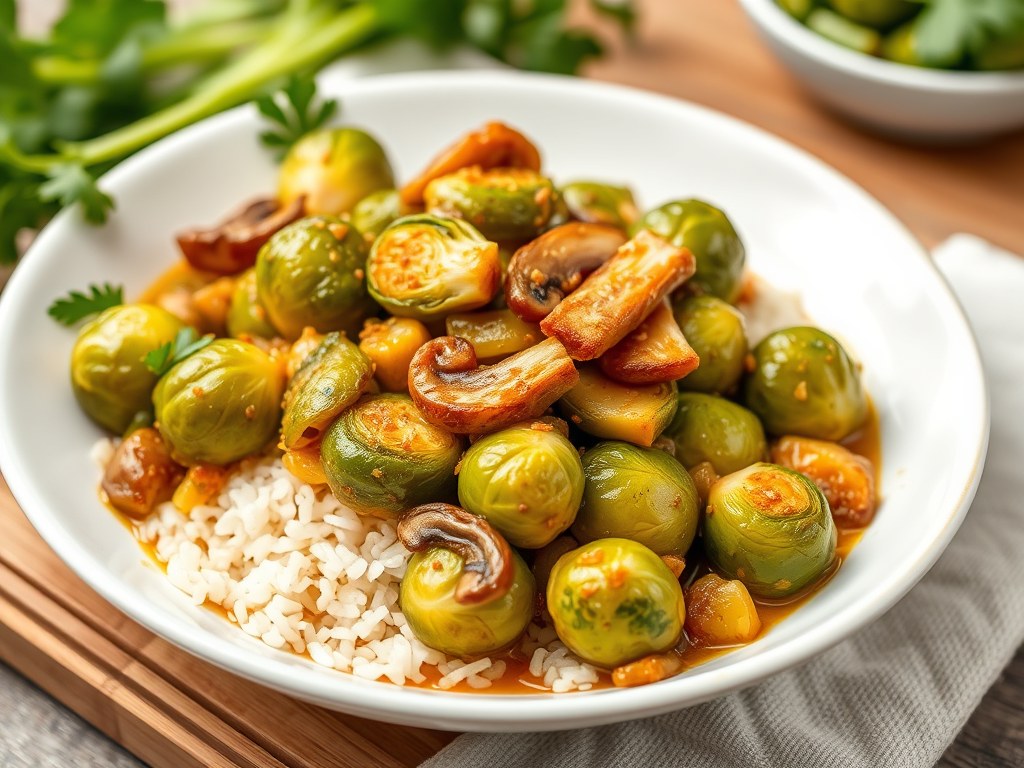 Roergebakken spruitjes in curry, AI-gegenereerde illustratie