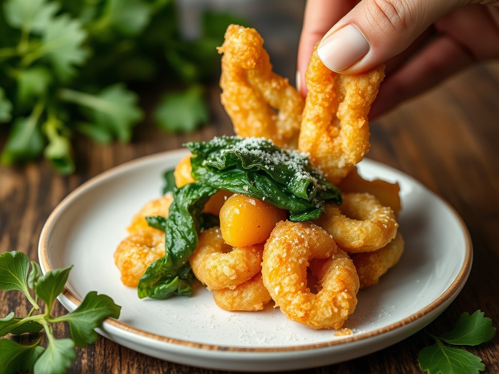 Rog gefarceerd met verse spinazie, tempura van groene asperges en geglaceerde raapjes, AI-gegenereerde illustratie