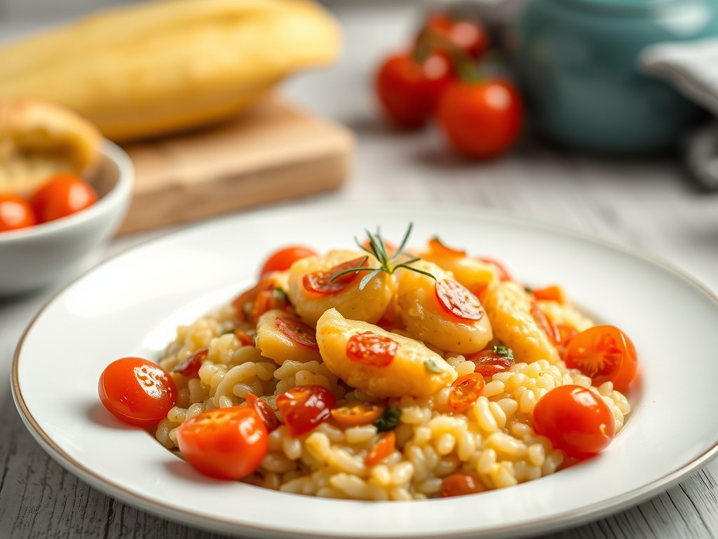 Rog gevuld met aardappelrisotto, AI-gegenereerde illustratie