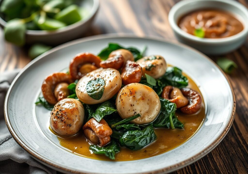 Rog met spinazie, shiitakes, krielaardappelen en Hollandse saus — AI-gegenereerde illustratie
