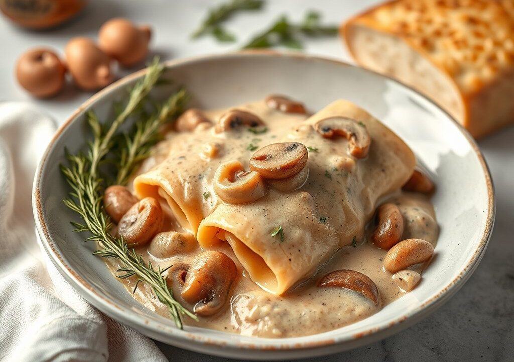 Rollade met soort van Stroganoffsaus, AI-gegenereerde illustratie