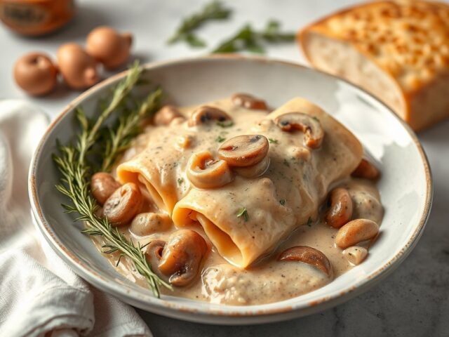 Rollade met soort van Stroganoffsaus — AI-gegenereerde illustratie