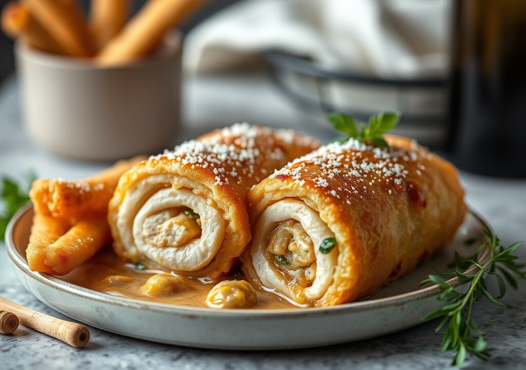 Rollade van kip met morilles en frieten van pastinaak — AI-gegenereerde illustratie