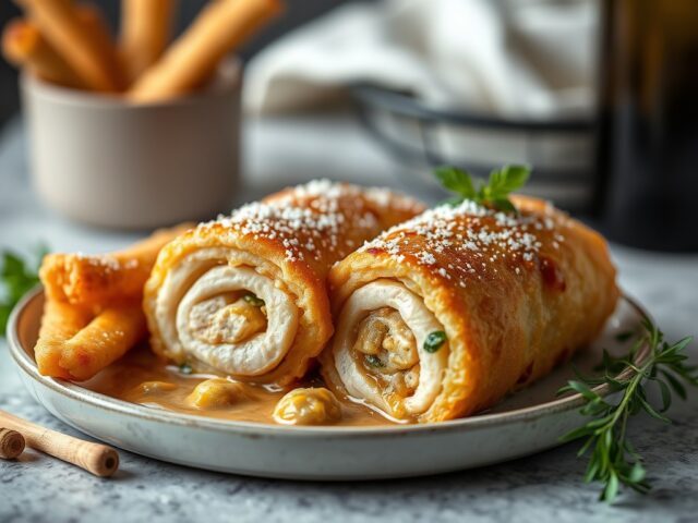 Rollade van kip met morilles en frieten van pastinaak — AI-gegenereerde illustratie