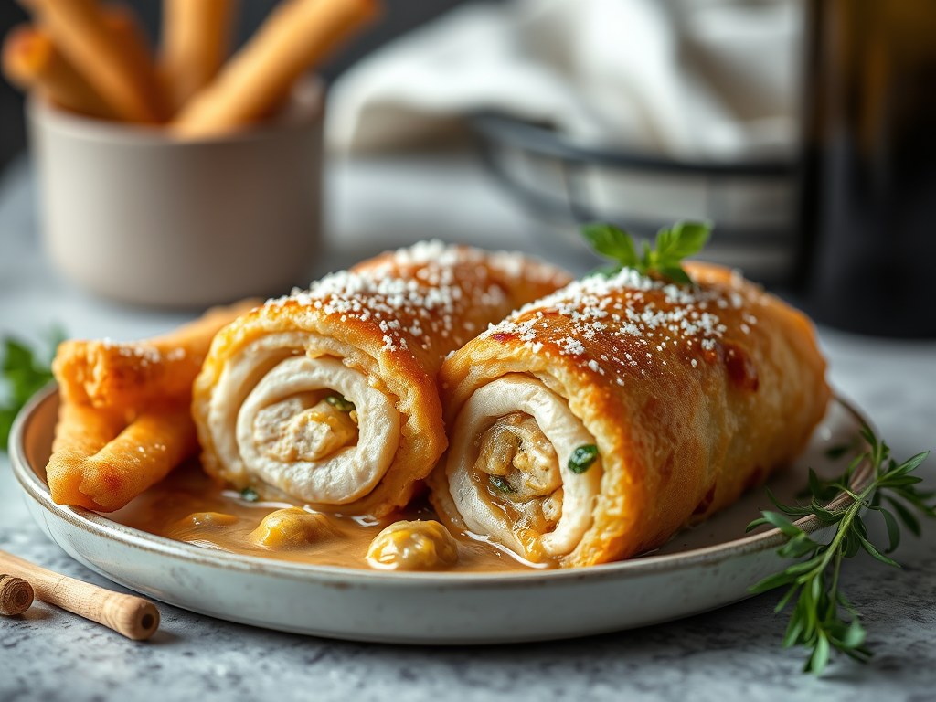 Rollade van kip met morilles en frieten van pastinaak, AI-gegenereerde illustratie