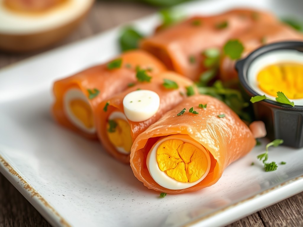 Rolletjes van gerookte zalm met een salade van hard gekookte eieren en wasabi, AI-gegenereerde illustratie