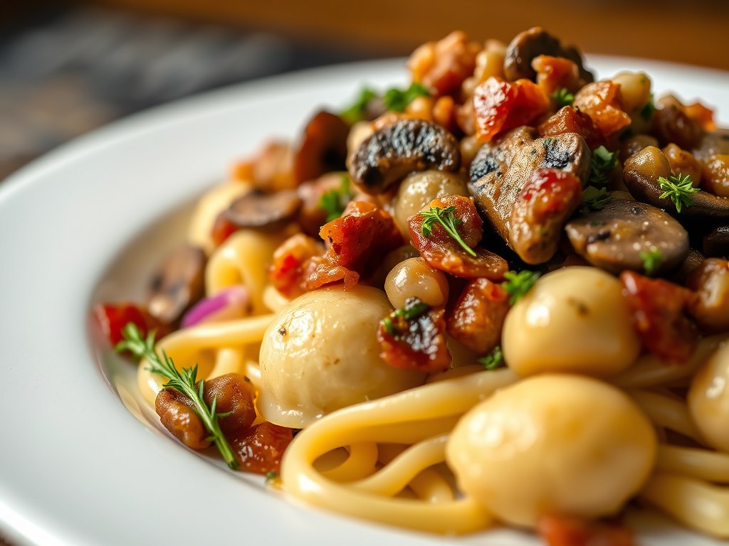 Romige gnocchi met paddenstoelen & spek, AI-gegenereerde illustratie