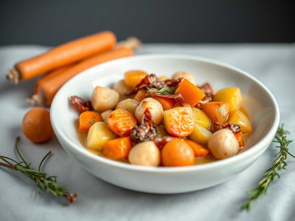 Romige kalfsragout met oesterzwammen en pancetta, AI-gegenereerde illustratie