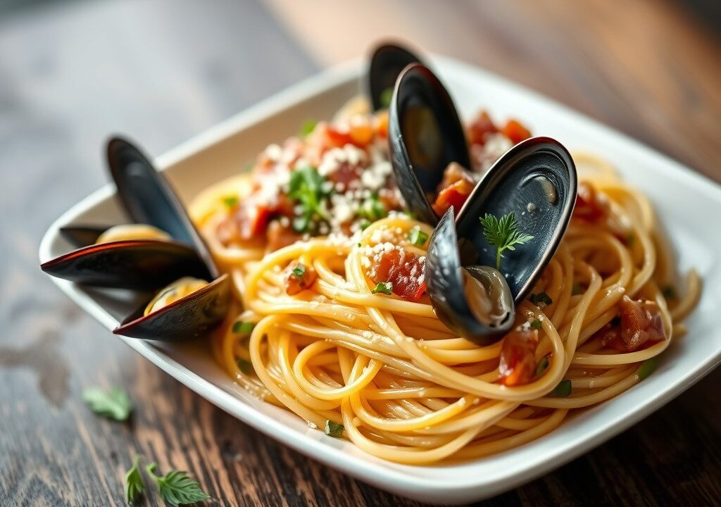 Romige spaghetti met mosselen, AI-gegenereerde illustratie
