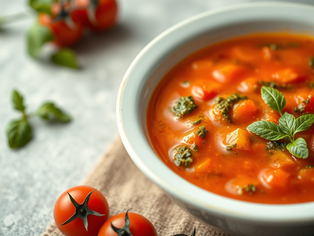 Romige tomatensoep met pesto, AI-gegenereerde illustratie