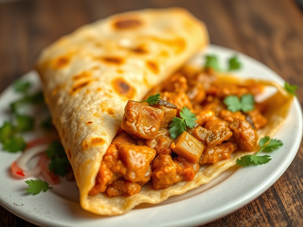Roti masala met lamsvlees, AI-gegenereerde illustratie