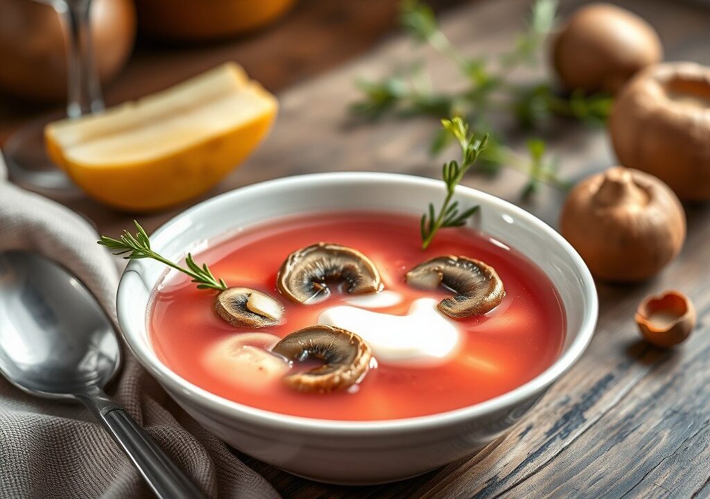Roze consommé van Parijse champignons — AI-gegenereerde illustratie